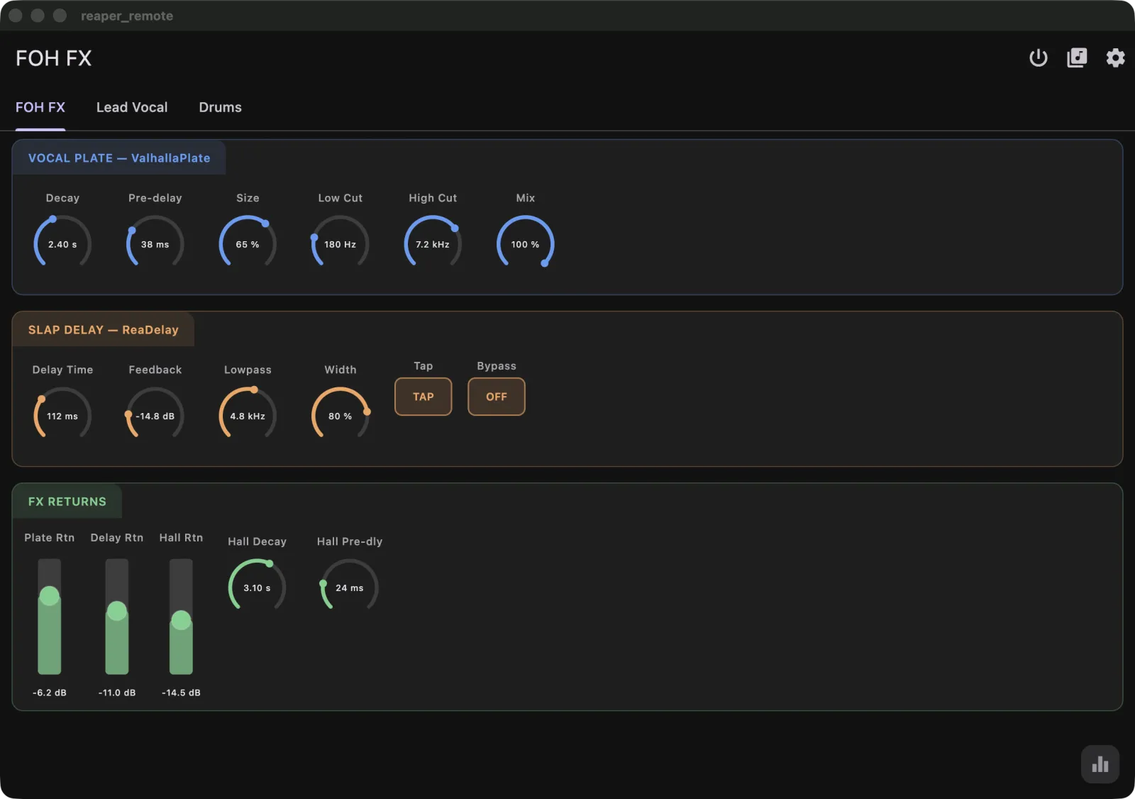 The first version of the app, then called Reaper Remote: a FOH FX page with knobs for a vocal plate and a slap delay, and faders for the effect returns