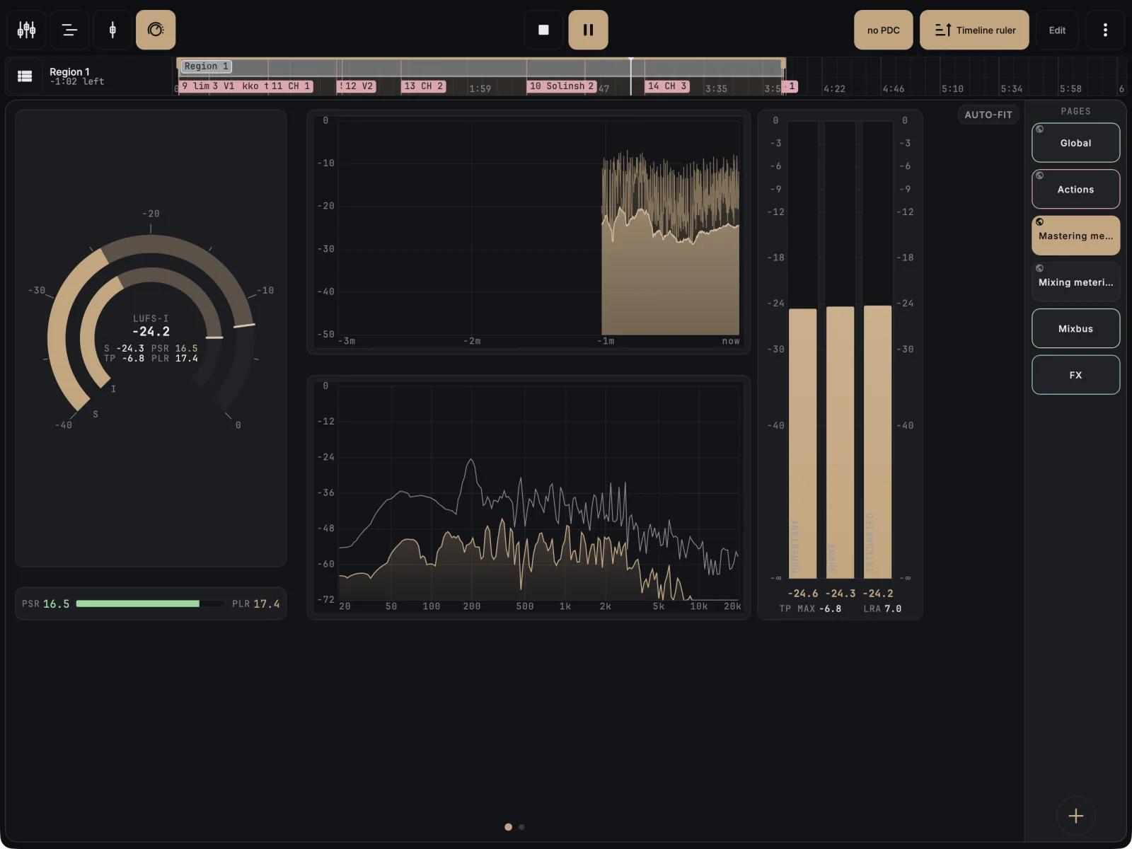 Mastering metering page during playback: loudness meter, loudness history, spectrum and loudness columns