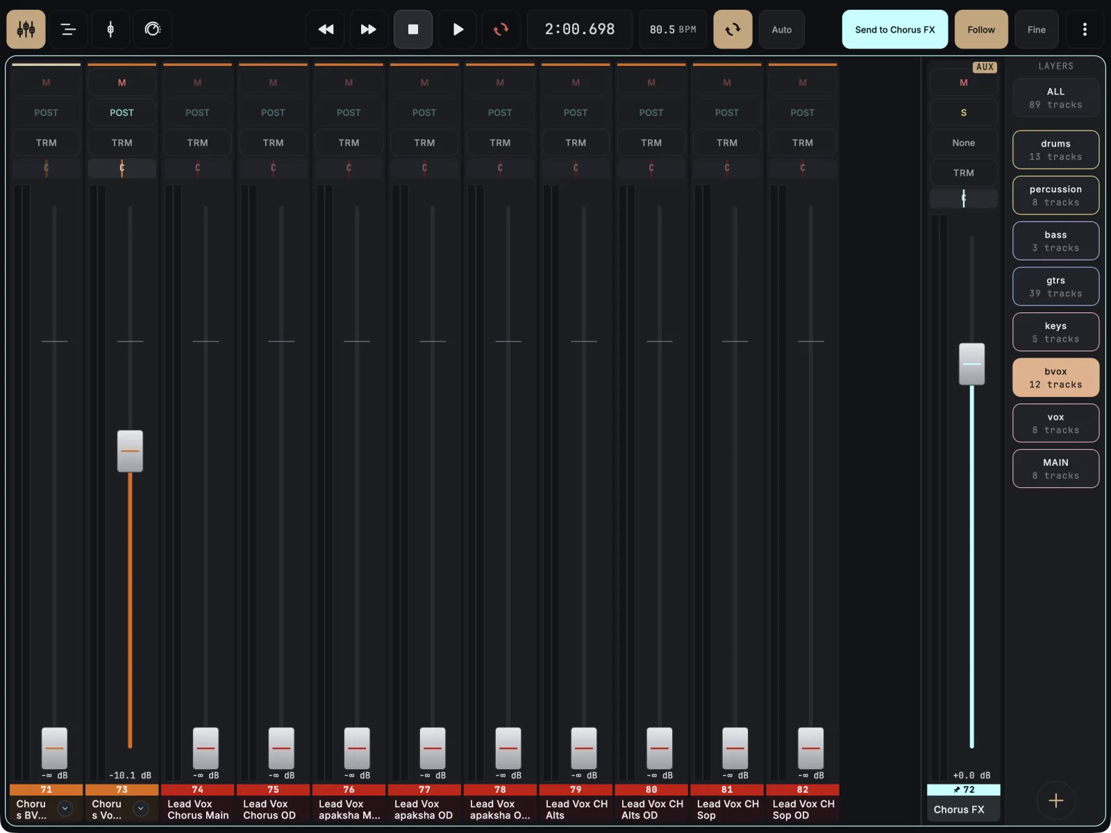 Mixer in sends on fader mode: the top bar reads Send to Chorus FX in the bus colour and each fader sets that track's send