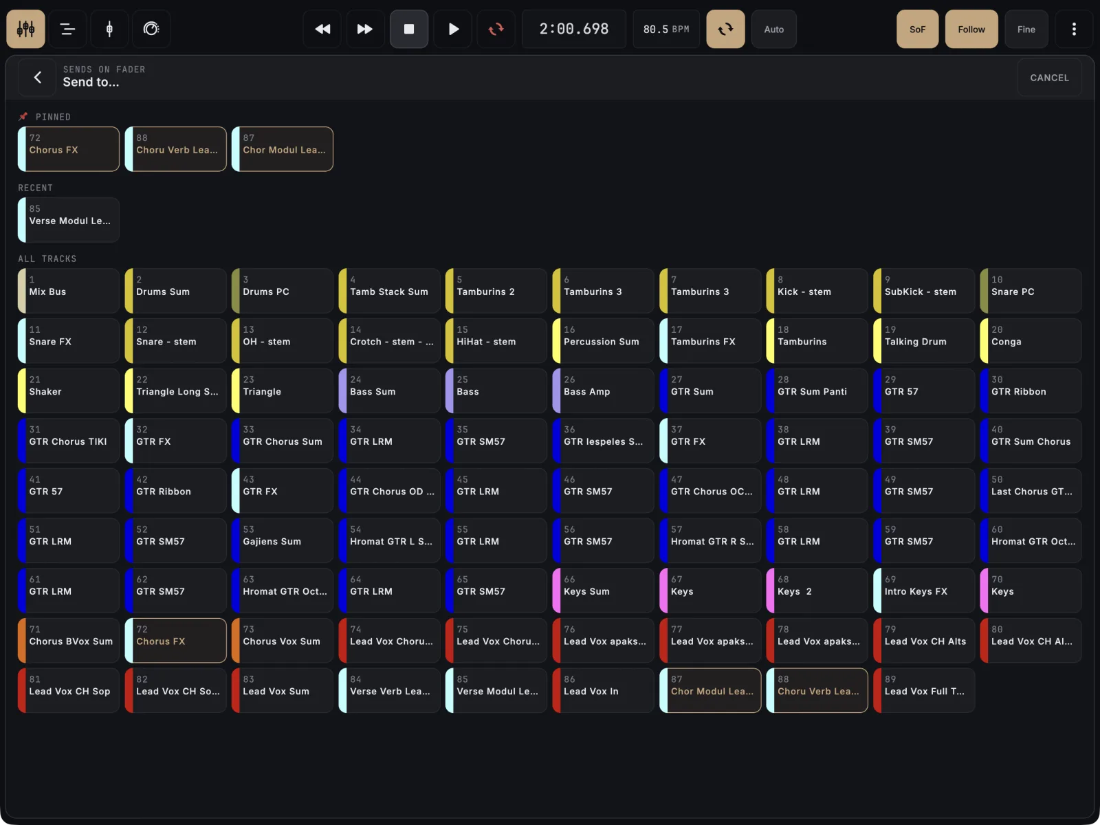 Send to picker with three buses in the Pinned section at the top, a Recent row, then every track in the project