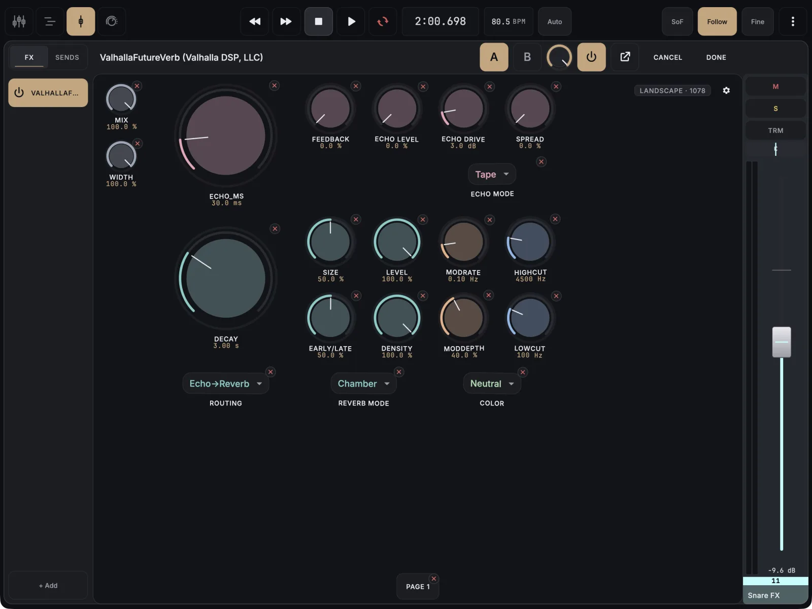 Plugin layout in edit mode, with a delete mark on each control and on the Page 1 tab