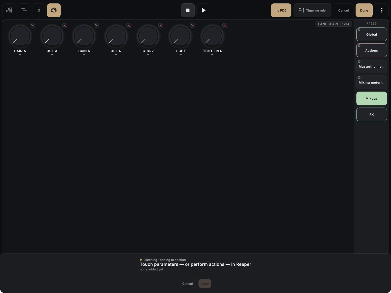 Control View page in edit mode with the listen sheet at the bottom: Listening, touch parameters or perform actions in REAPER, none added yet