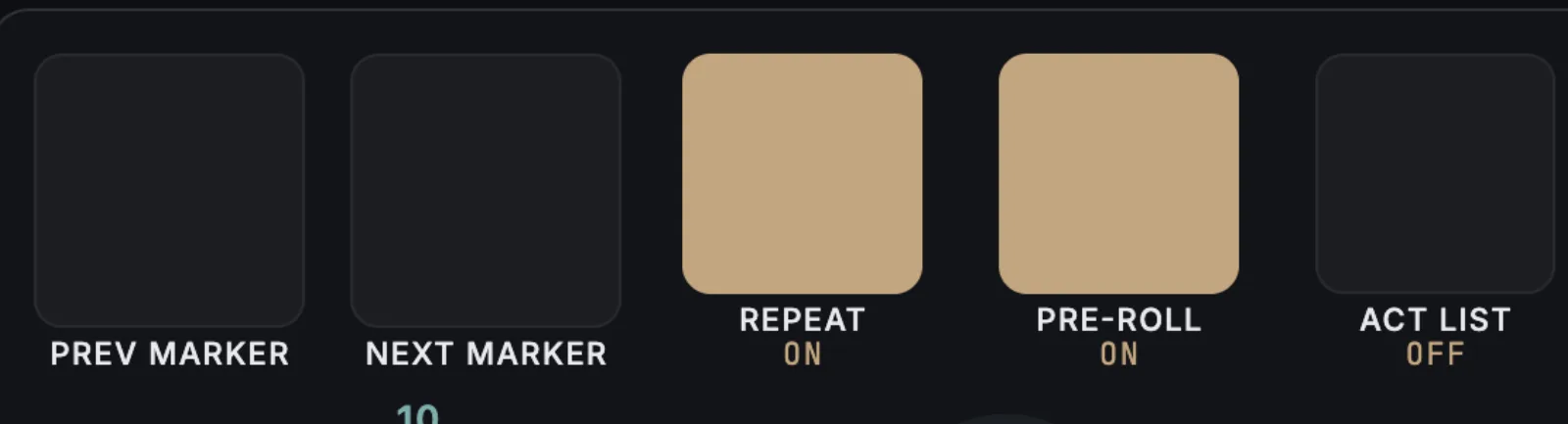 Action buttons on a Control View page: Prev Marker, Next Marker, Repeat and Pre-roll lit as On, and Act List showing Off
