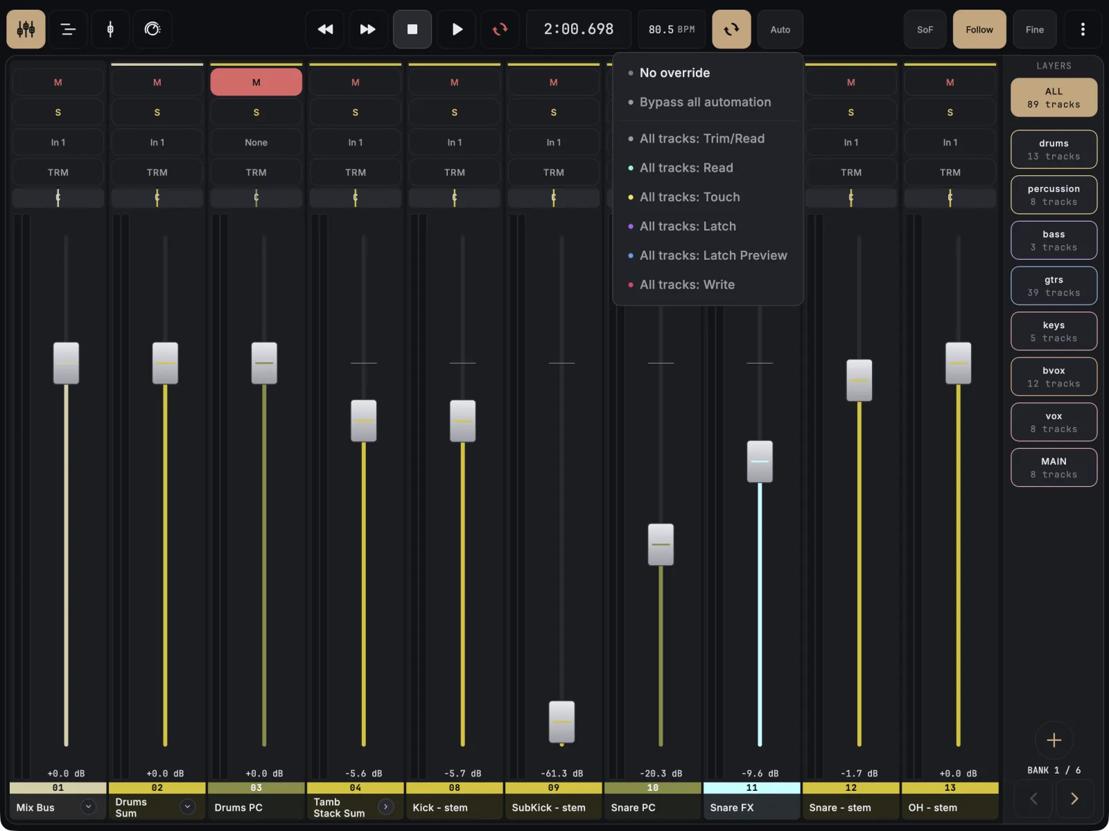 Auto menu open from the top bar with No override at the top, then Bypass all automation and the All tracks modes