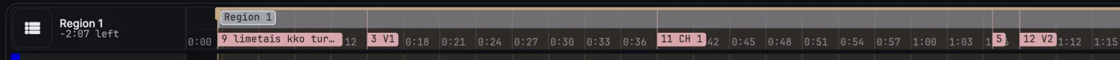 Timeline ruler with the Region 1 band across the top and named markers such as 3 V1, 11 CH 1 and 12 V2 below it