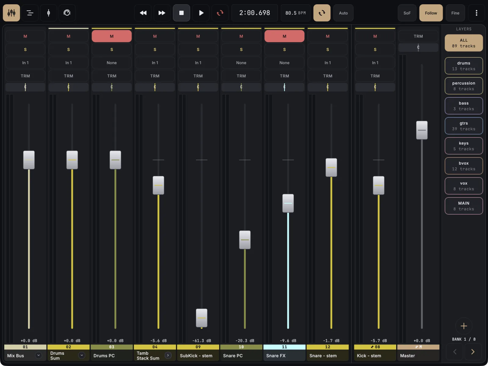 Mixer with Kick - stem and Master pinned in their own zone at the right edge, next to the scrolling strips