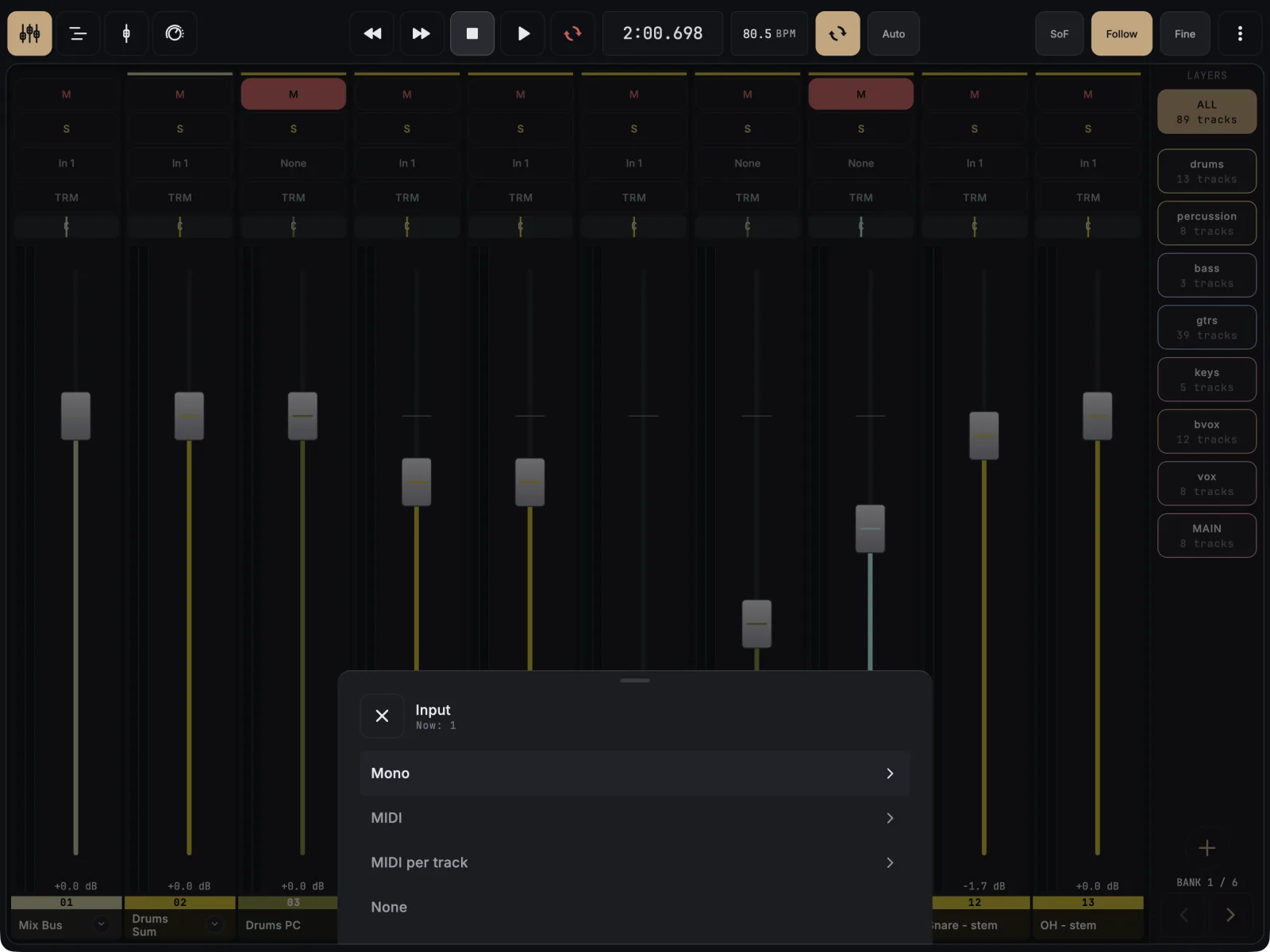 Mixer strips with an input row, and the Input sheet open from one strip listing Mono, MIDI, MIDI per track and None