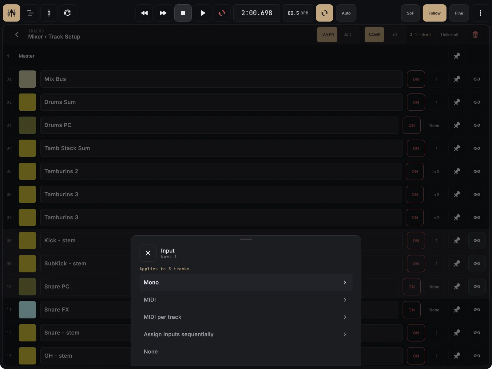 Track Setup with three rows linked and the Input sheet reading Applies to 3 tracks, with Assign inputs sequentially in the list