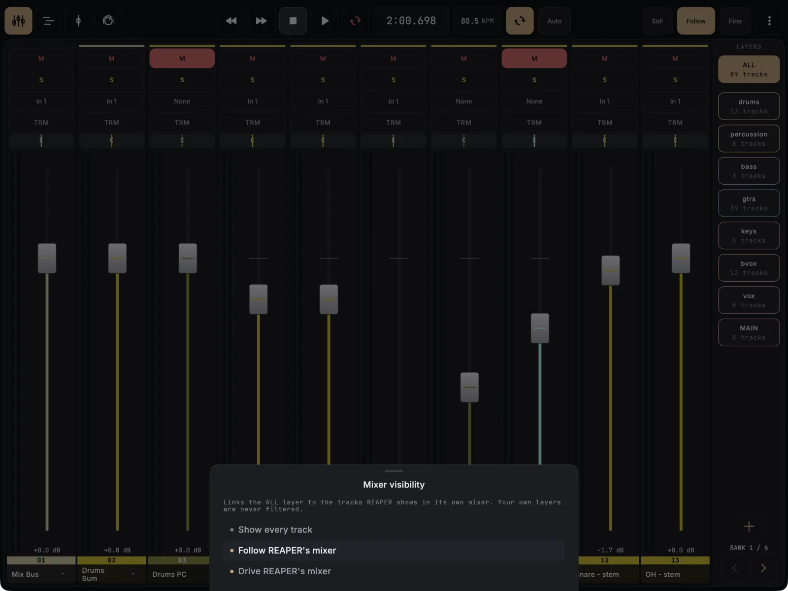 Mixer visibility sheet with three choices: Show every track, Follow REAPER's mixer (selected) and Drive REAPER's mixer